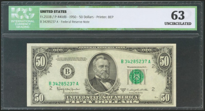 USA. 50 Dollars. Federal Reserve Note. New York. Serial number B-A. 1950D. (Frie...