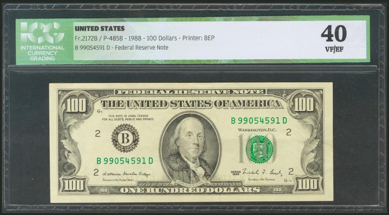 USA. 100 Dollars. Federal Reserve Note. New York. Serial number B-D. 1988. (Frie...