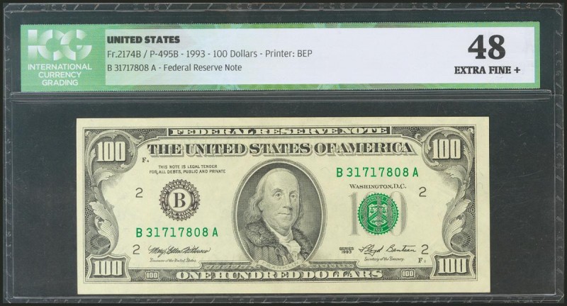 USA. 100 Dollars. Federal Reserve Note. New York. Serial number B-A. 1993. (Frie...