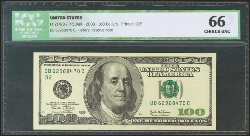 USA. 100 Dollars. Federal Reserve Note. New York. Serial number DB-C. 2003. (Fri...