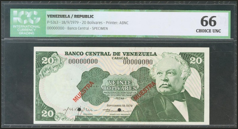 VENEZUELA. 20 Bolívares. 18 September 1979. Specimen 0000000. (Pick: 53s3). ICG6...