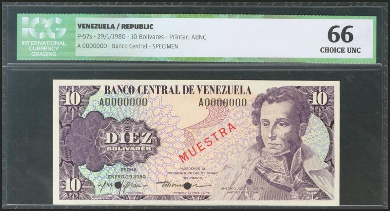 VENEZUELA. REPUBLIC. 10 Bolívares. 29 January 1980. Specimen A000000. (Pick: 57s...