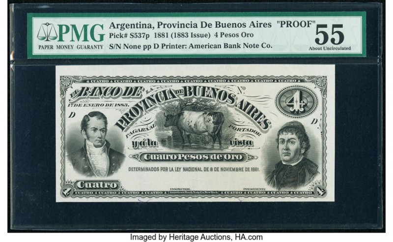 Argentina Provincia de Buenos Ayres 4 Pesos Oro 8.11.1881 Pick S537p Proof PMG A...