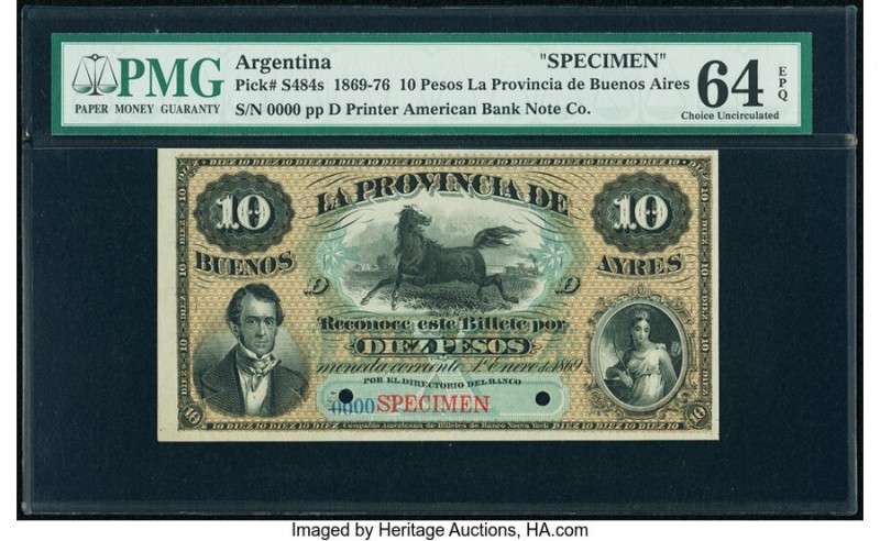 Argentina Provincia de Buenos Ayres 10 Pesos 1.1.1869 Pick S484s Specimen PMG Ch...