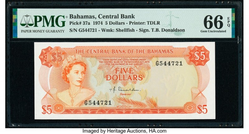Bahamas Central Bank 5 Dollars 1974 Pick 37a PMG Gem Uncirculated 66 EPQ. 

HID0...