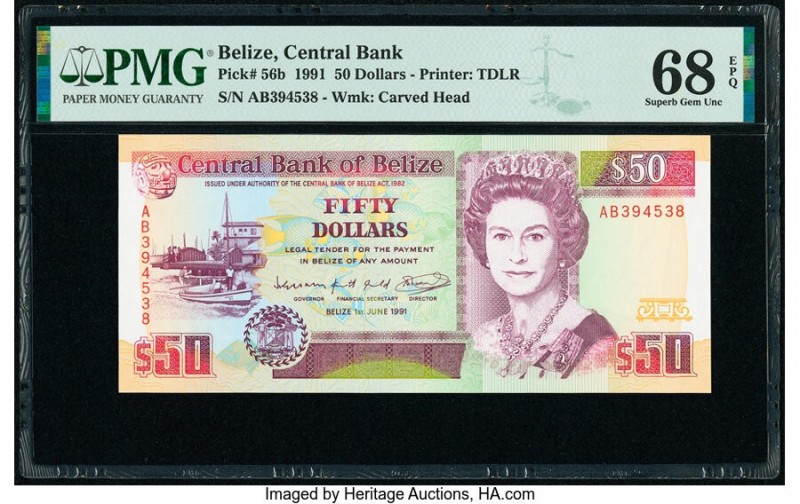Belize Central Bank 50 Dollars 1.6.1991 Pick 56b PMG Superb Gem Unc 68 EPQ. 

HI...