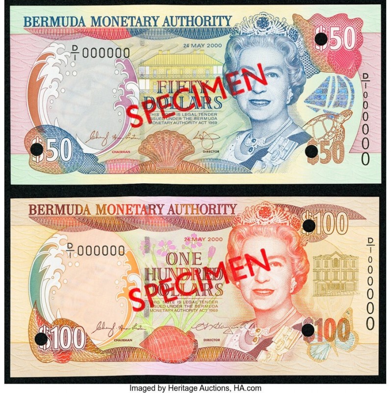 Bermuda Monetary Authority 50; 100 Dollars 24.5.2000 Pick 54s; 55s Two Specimen ...