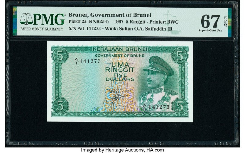 Brunei Government of Brunei 5 Ringgit 1967 Pick 2a KNB2 PMG Superb Gem Unc 67 EP...