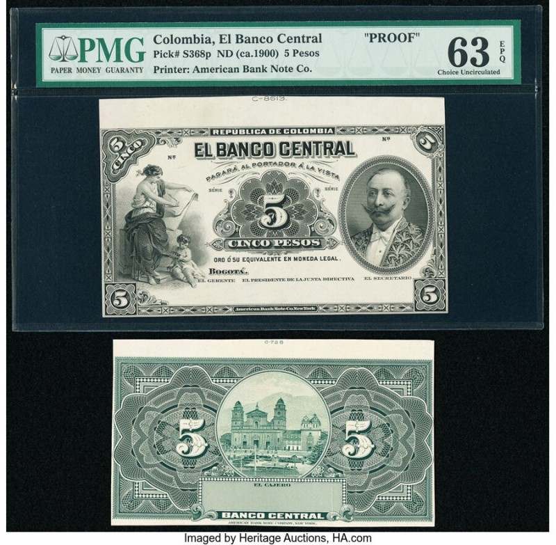 Colombia Banco Central 5 Pesos ND (ca.1900) Pick S368p Front and Back Proofs PMG...
