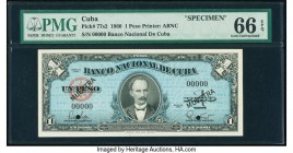 Cuba Banco Nacional de Cuba 1 Peso 1960 Pick 77s2 Specimen PMG Gem Uncirculated 66 EPQ. Black Muestra overprints; two POCs.

HID09801242017

© 2020 He...