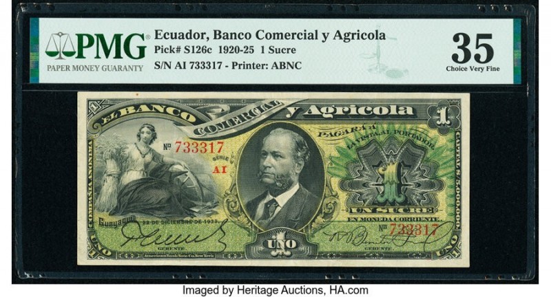 Ecuador Banco Comercial y Agricola 1 Sucre 22.12.1923 Pick S126c PMG Choice Very...