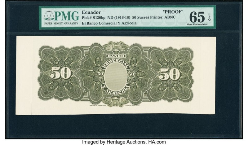 Ecuador Banco Comercial y Agricola 50 Sucres ND (1916-18) Pick S130bp Back Proof...