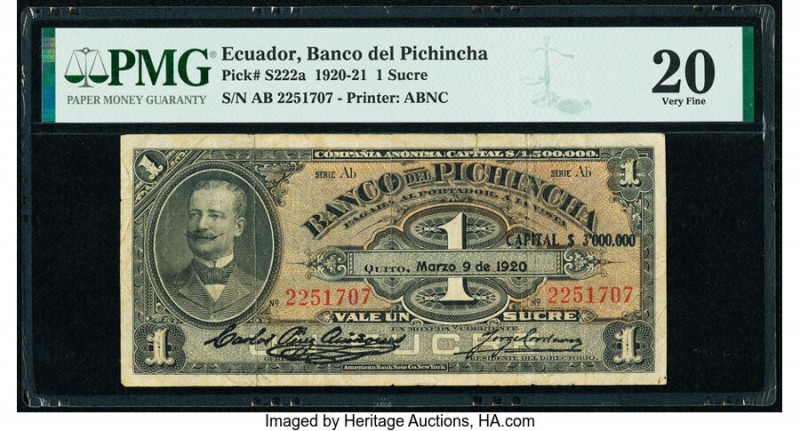 Ecuador Banco del Pichincha 1 Sucre 9.3.1920 Pick S222a PMG Very Fine 20. 

HID0...
