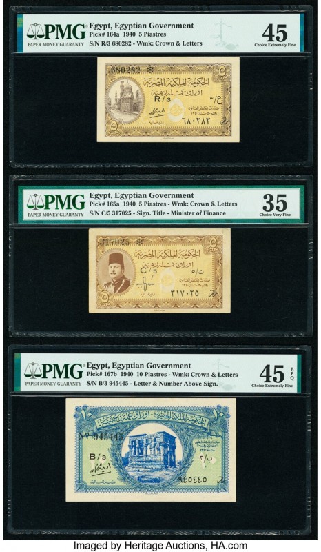 Egypt Egyptian Government 5 (2); 10 Piastres 1940 Pick 164a; 165a; 167b PMG Choi...