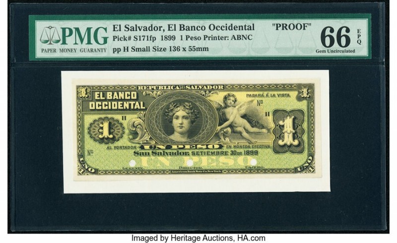 El Salvador Banco Occidental 1 Peso 30.9.1899 Pick S171fp Front Proof PMG Gem Un...