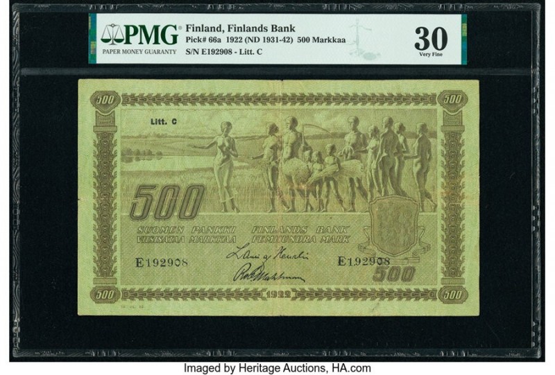 Finland Finlands Bank 500 Markkaa 1922 (ND 1931-42) Pick 66a PMG Very Fine 30. 
...