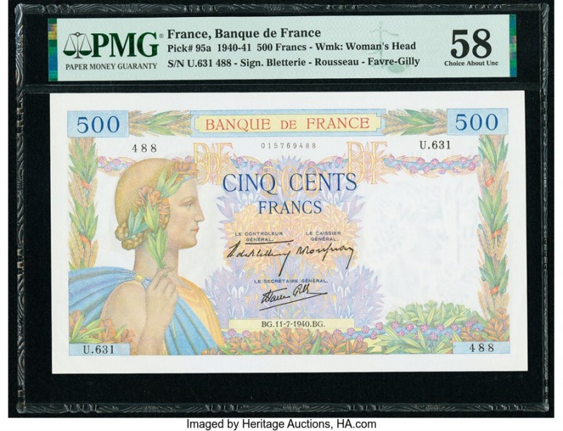 France Banque de France 500 Francs 11.7.1940 Pick 95a PMG Choice About Unc 58. P...