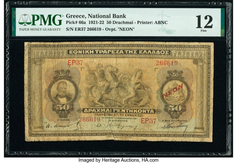 Greece National Bank of Greece 50 Drachmai 1921 Pick 66a PMG Fine 12. 

HID09801...