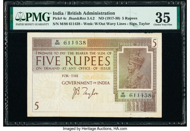 India Government of India 5 Rupees ND (1917-30) Pick 4c Jhun3.4.2 PMG Choice Ver...