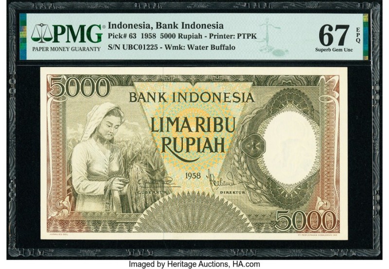 Indonesia Bank Indonesia 5000 Rupiah 1958 Pick 63 PMG Superb Gem Unc 67 EPQ. 

H...