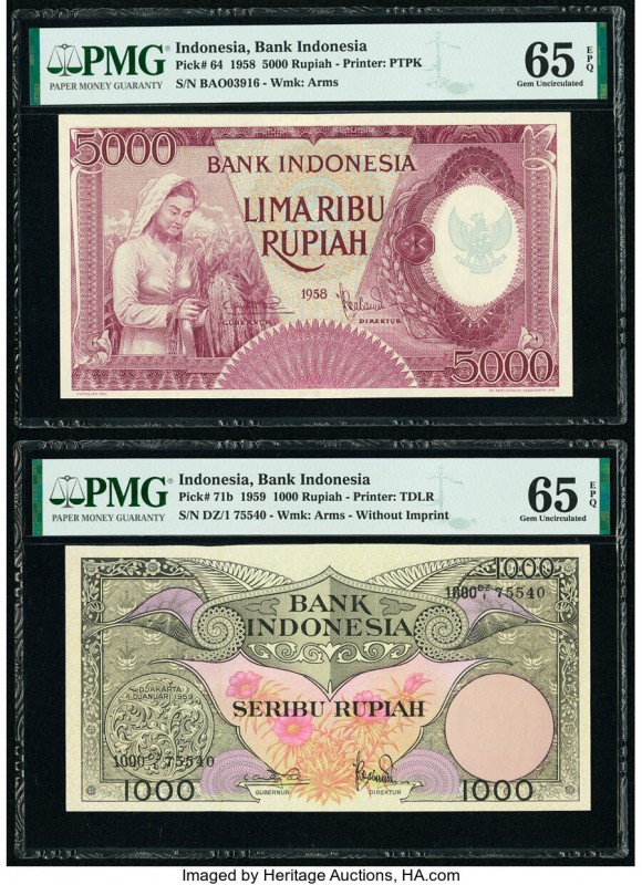 Indonesia Bank Indonesia 5000; 1000 Rupiah 1958; 1959 Pick 64; 71b Two Examples ...