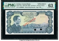 Jordan Central Bank of Jordan 10 Dinars 1959 (ND 1965) Pick 12as Specimen PMG Choice Uncirculated 63. Cancelled with 2 punch holes and staple holes. 
...