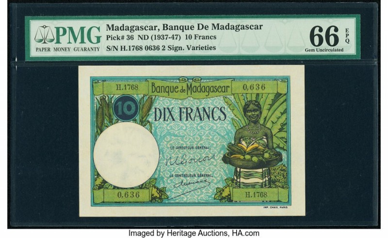 Madagascar Banque de Madagascar 10 Francs ND (1937-47) Pick 36 PMG Gem Uncircula...