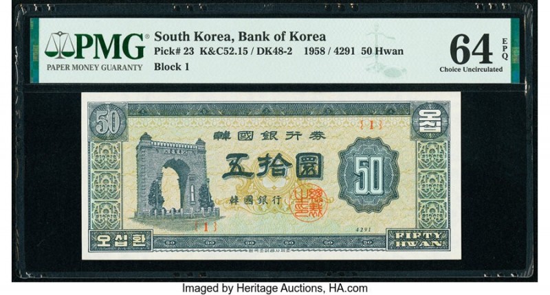 South Korea Bank of Korea 50 Hwan 1958 Pick 23 PMG Choice Uncirculated 64 EPQ. 
...