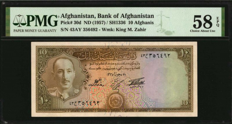 AFGHANISTAN. Bank of Afghanistan. 10 Afghanis, ND (1957). P-30d. PMG Choice Abou...