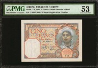 ALGERIA. Banque de L'Alegerie. 5 Francs, 1941. P-77b. PMG About Uncirculated 53.
PMG comments "Pinholes."
Estimate: $40.00- $80.00
