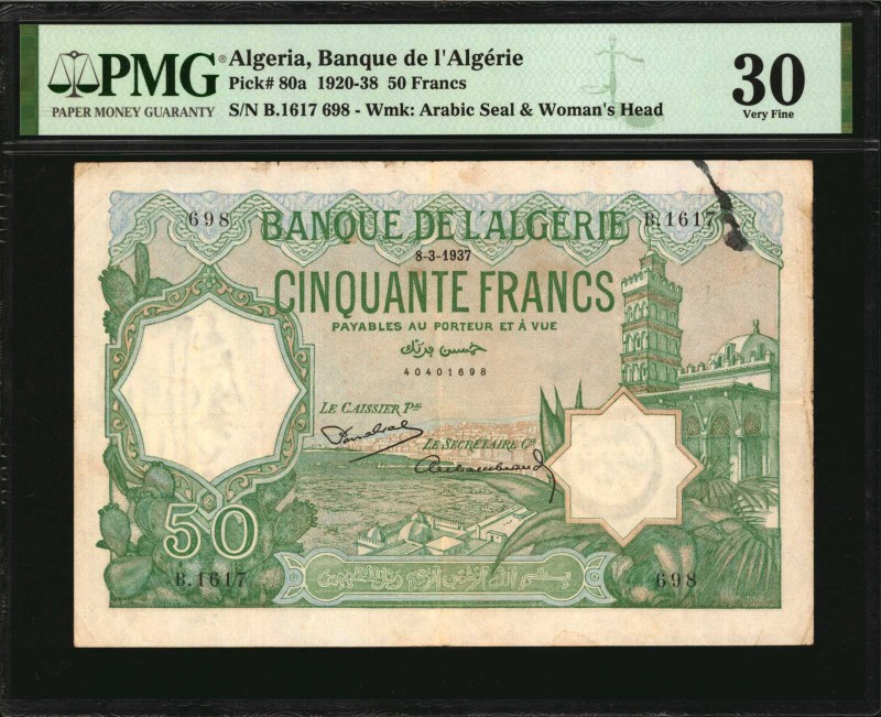 ALGERIA. Banque De L'Algerie. 50 Francs, 1920-38. P-80a. PMG Very Fine 30.
PMG ...