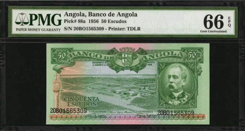 ANGOLA. Banco de Angola. 50 Escudos, 1956. P-88a. PMG Gem Uncirculated 66 EPQ.
...