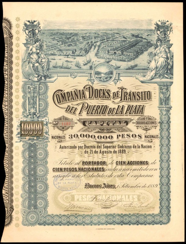 ARGENTINA. Compania Docks de Transito del Puerto de la Plata. 10,000 Pesos, 1889...