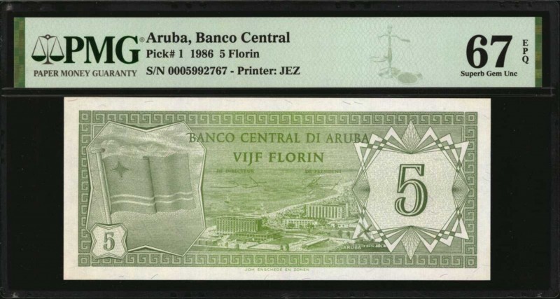 ARUBA. Banco Central. 5 Florin, 1986. P-1. PMG Superb Gem Uncirculated 67 EPQ.
...