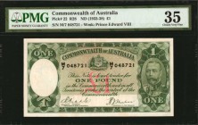 AUSTRALIA. Commonwealth of Australia. 1 Pound, ND (1933-38). P-22. PMG Choice Very Fine 35.
Scarce, early King George V type. Prefix M/7. Signature c...