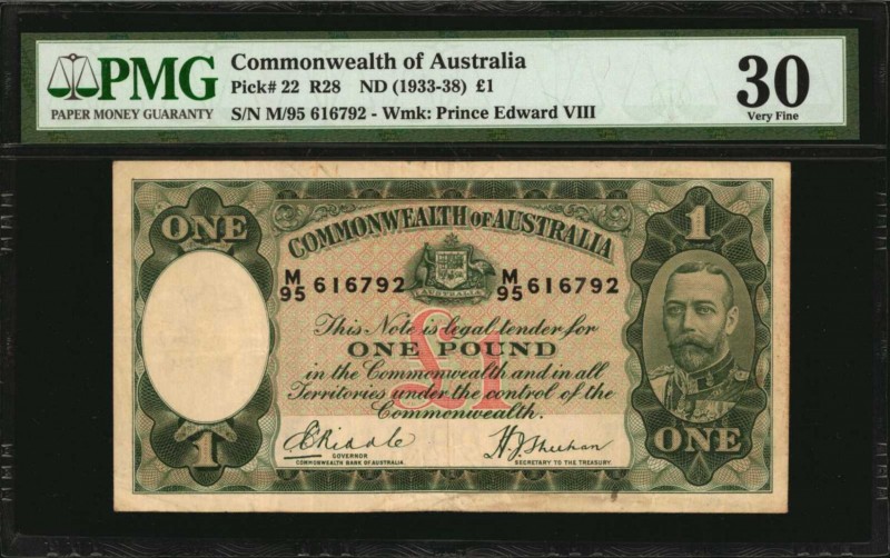 AUSTRALIA. Commonwealth of Australia. 1 Pound, ND (1933-38). P-22. PMG Very Fine...