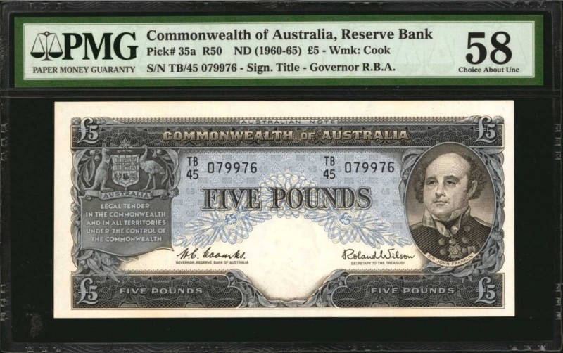 AUSTRALIA. Reserve Bank of Australia. 5 Pounds, ND (1960-65). P-35a. PMG Choice ...