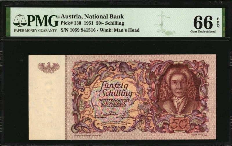 AUSTRIA. National Bank. 50 Schilling, 1951. P-130. PMG Gem Uncirculated 66 EPQ....