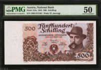 AUSTRIA. National Bank. 500 Schilling, 1953. P-134a. PMG About Uncirculated 50.
Second highest denomination of series with Professor Wagner-Jauregg o...