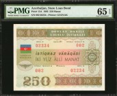 AZERBAIJAN. State Loan Bank. 250 Manat, 1993. P-13A. PMG Gem Uncirculated 65 EPQ.
Printed by GOZNAK. Creamy-white paper and a colorful design stand o...