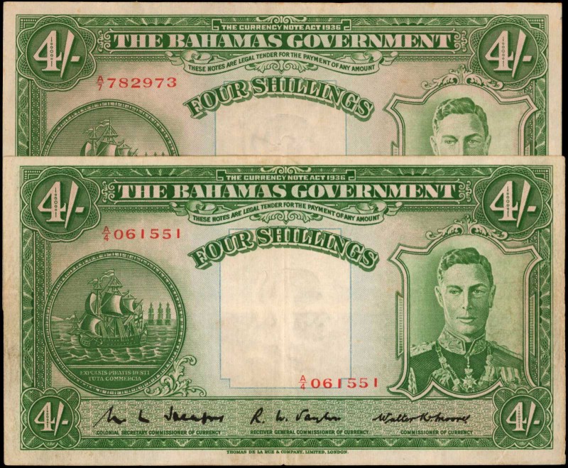 BAHAMAS. Lot of (2). Bahamas Government. 4 Shillings, 1936. P-9b & 9e. Very Fine...