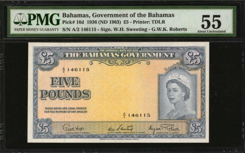 BAHAMAS. Government of the Bahamas. 5 Pounds, 1936 (ND 1963). P-16d. PMG About U...