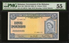 BAHAMAS. Government of the Bahamas. 5 Pounds, 1936 (ND 1963). P-16d. PMG About Uncirculated 55.
Wonderful and color strong example of this highest de...