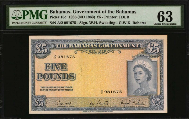 BAHAMAS. Government of the Bahamas. 5 Pounds, 1936 ND (1963). P-16d. PMG Choice ...