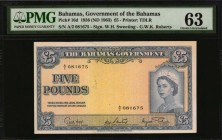 BAHAMAS. Government of the Bahamas. 5 Pounds, 1936 ND (1963). P-16d. PMG Choice Uncirculated 63.
Printed by TDLR. Printed signatures of W.H. Sweeting...