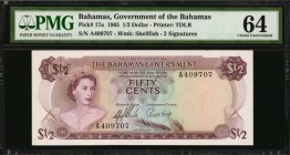 BAHAMAS. Government of the Bahamas. 1/2 Dollar, 1965. P-17a. PMG Choice Uncirculated 64.
A colorful design is found on the reverse of this nearly Gem...