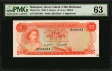 BAHAMAS. Government of the Bahamas. 5 Dollars, 1965. P-21a. PMG Choice Uncirculated 63.
PMG comments "Minor Foreign Substance."
Estimate: $125.00- $...