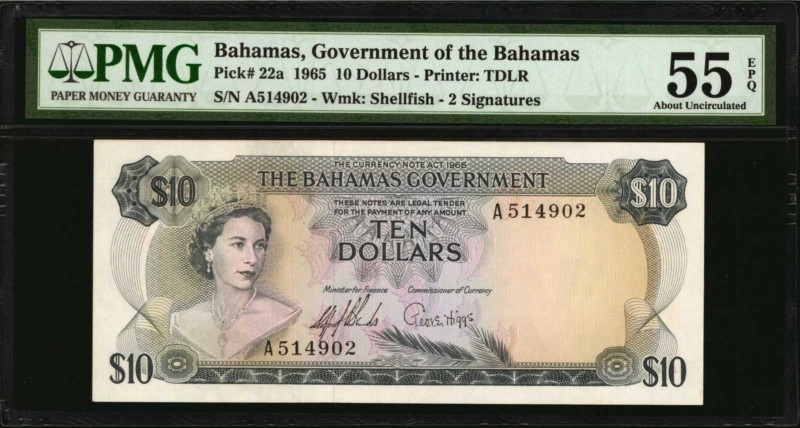 BAHAMAS. Government of the Bahamas. 10 Dollars, 1965. P-22a. PMG About Uncircula...