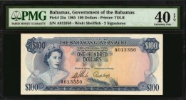 BAHAMAS. Government of the Bahamas. 100 Dollars, 1965. P-25a. PMG Extremely Fine 40 EPQ.
Printed by TDLR. 2 signatures. Watermark of shellfish. PMG's...