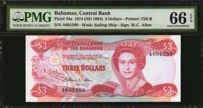 BAHAMAS. Central Bank of the Bahamas. 3 Dollars, 1974 (ND 1984). P-44a. PMG Gem ...